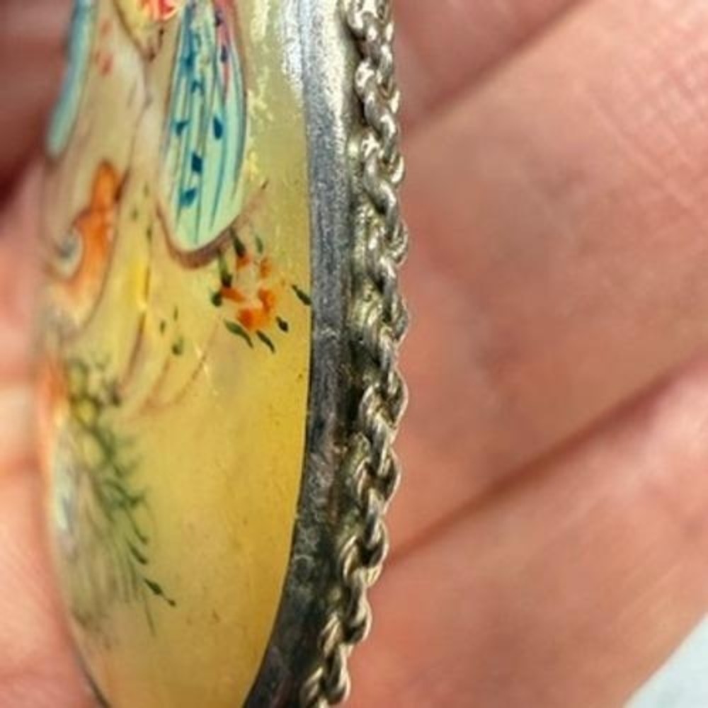 Vintage Persian Mother of Pearl Pendant Necklace Hand Painted Reversible 20" - Picture 5 of 13
